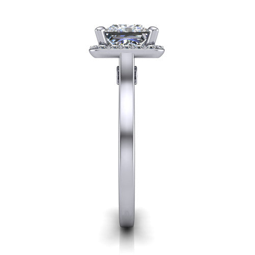 Anastasia princess halo engagement ring in 14K White Gold, side profile showing the slim halo head, cathedral shoulders, and polished plain band