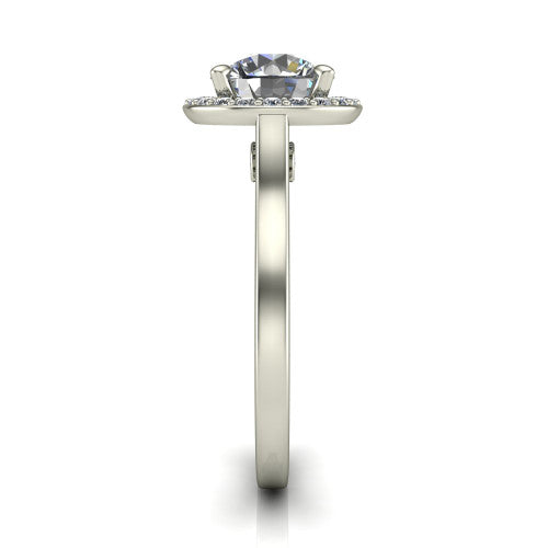 Anastasia round halo engagement ring in 14K White Gold, side profile showing the slim halo head, cathedral shoulders, and polished plain band