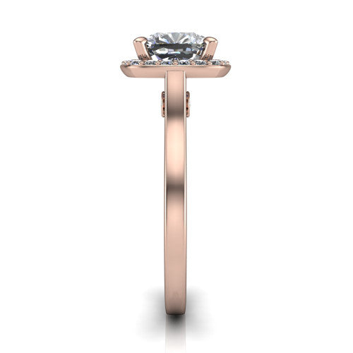 Anastasia cushion halo engagement ring in 18K Rose Gold, side profile showing the slim halo head, cathedral shoulders, and polished plain band