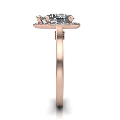 Anastasia pear halo engagement ring in 18K Rose Gold, side profile showing the slim halo head, cathedral shoulders, and polished plain band