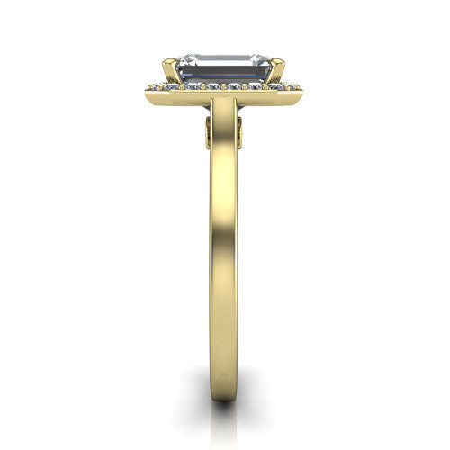 Anastasia emerald halo engagement ring in 14K Yellow Gold, side profile showing the slim halo head, cathedral shoulders, and polished plain band