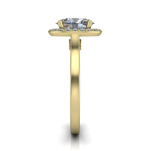 Anastasia oval halo engagement ring in 18K Yellow Gold, side profile showing the slim halo head, cathedral shoulders, and polished plain band