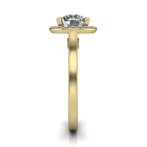 Anastasia round halo engagement ring in 18K Yellow Gold, side profile showing the slim halo head, cathedral shoulders, and polished plain band