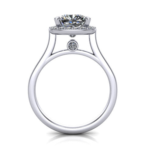 Anastasia cushion halo engagement ring in 18K White Gold, through-finger front profile showing the halo head, cathedral shoulders, and hidden surprise diamond in the under-gallery