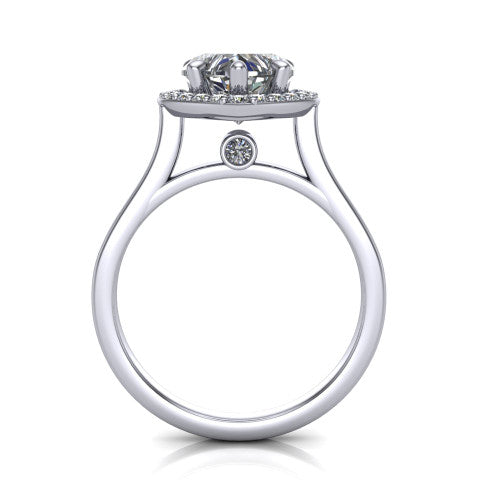 Anastasia heart halo engagement ring in 14K White Gold, through-finger front profile showing the halo head, cathedral shoulders, and hidden surprise diamond in the under-gallery