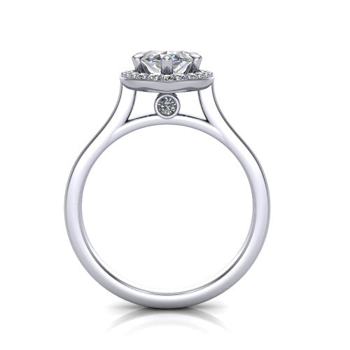 Anastasia marquise halo engagement ring in Platinum, through-finger front profile showing the halo head, cathedral shoulders, and hidden surprise diamond in the under-gallery