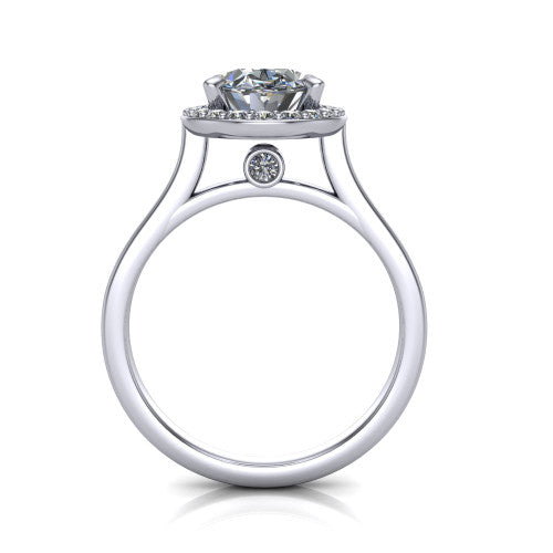 Anastasia oval halo engagement ring in 18K White Gold, through-finger front profile showing the halo head, cathedral shoulders, and hidden surprise diamond in the under-gallery