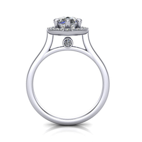 Anastasia pear halo engagement ring in Platinum, through-finger front profile showing the halo head, cathedral shoulders, and hidden surprise diamond in the under-gallery