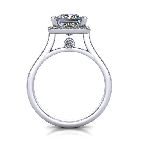 Anastasia princess halo engagement ring in 18K White Gold, through-finger front profile showing the halo head, cathedral shoulders, and hidden surprise diamond in the under-gallery