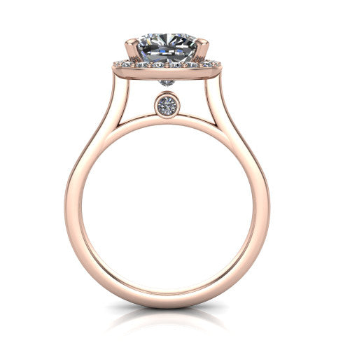 Anastasia cushion halo engagement ring in 18K Rose Gold, through-finger front profile showing the halo head, cathedral shoulders, and hidden surprise diamond in the under-gallery