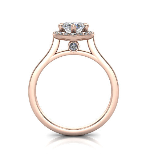 Anastasia marquise halo engagement ring in 18K Rose Gold, through-finger front profile showing the halo head, cathedral shoulders, and hidden surprise diamond in the under-gallery
