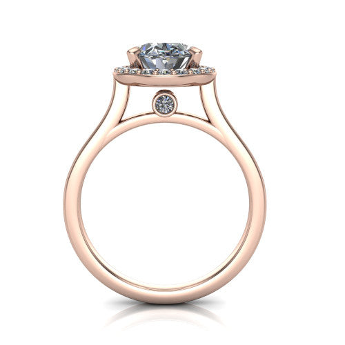 Anastasia oval halo engagement ring in 18K Rose Gold, through-finger front profile showing the halo head, cathedral shoulders, and hidden surprise diamond in the under-gallery