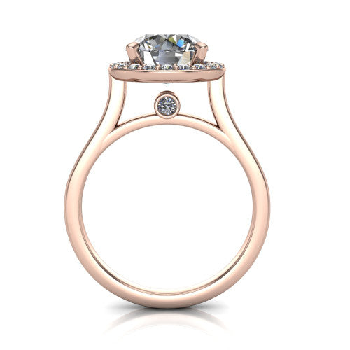 Anastasia round halo engagement ring in 18K Rose Gold, through-finger front profile showing the halo head, cathedral shoulders, and hidden surprise diamond in the under-gallery