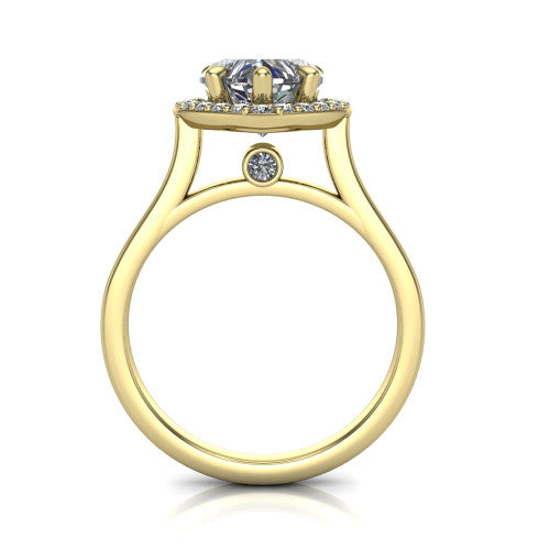 Anastasia heart halo engagement ring in 14K Yellow Gold, through-finger front profile showing the halo head, cathedral shoulders, and hidden surprise diamond in the under-gallery