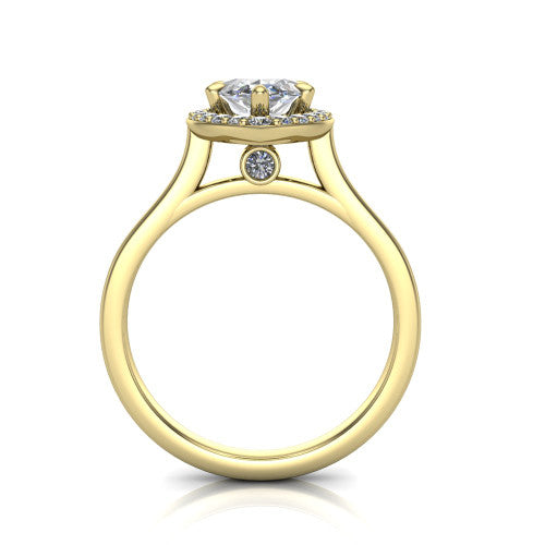 Anastasia marquise halo engagement ring in 14K Yellow Gold, through-finger front profile showing the halo head, cathedral shoulders, and hidden surprise diamond in the under-gallery