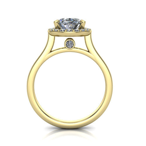 Anastasia oval halo engagement ring in 14K Yellow Gold, through-finger front profile showing the halo head, cathedral shoulders, and hidden surprise diamond in the under-gallery