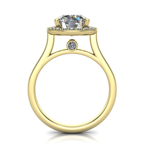 Anastasia round halo engagement ring in 14K Yellow Gold, through-finger front profile showing the halo head, cathedral shoulders, and hidden surprise diamond in the under-gallery