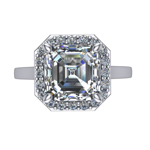 Anastasia square emerald halo engagement ring in 14K White Gold, top-down view showing the step-cut square emerald center diamond framed by a slim pave halo