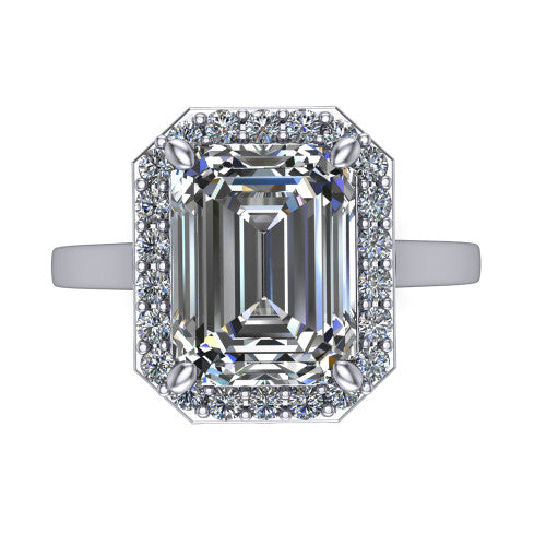 Anastasia emerald halo engagement ring in 18K White Gold, top-down view showing the step-cut emerald center diamond framed by a slim pave halo