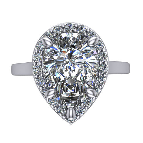Anastasia pear halo engagement ring in Platinum, top-down view showing the brilliant pear-cut center diamond framed by a slim pave halo