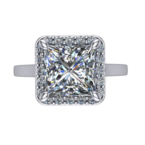 Anastasia princess halo engagement ring in 14K White Gold, top-down view showing the brilliant princess-cut center diamond framed by a slim pave halo