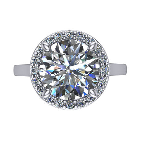 Anastasia round halo engagement ring in Platinum, top-down view showing the brilliant round center diamond framed by a slim pave halo