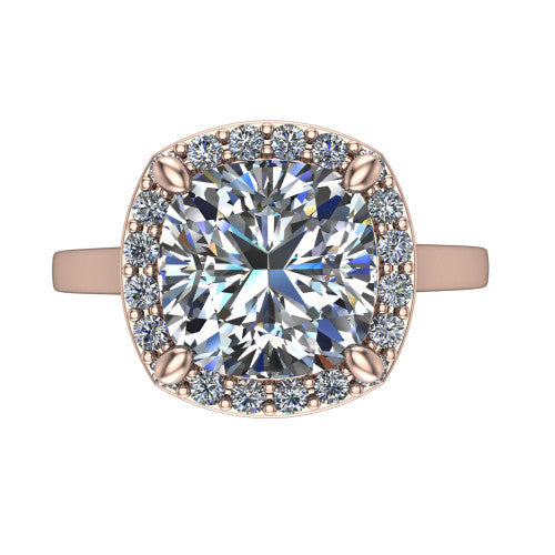 Anastasia cushion halo engagement ring in 14K Rose Gold, top-down view showing the brilliant cushion-cut center diamond framed by a slim pave halo