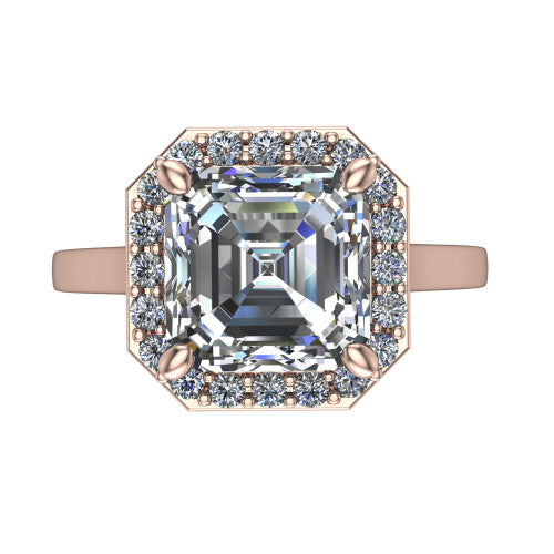 Anastasia square emerald halo engagement ring in 14K Rose Gold, top-down view showing the step-cut square emerald center diamond framed by a slim pave halo