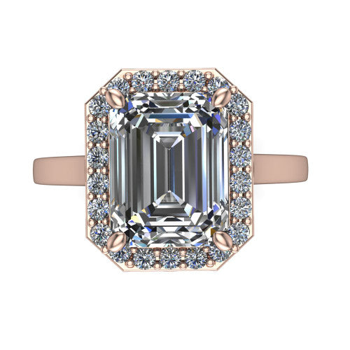 Anastasia emerald halo engagement ring in 14K Rose Gold, top-down view showing the step-cut emerald center diamond framed by a slim pave halo