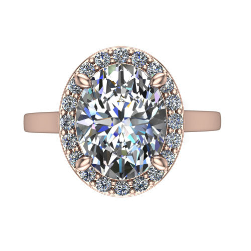 Anastasia oval halo engagement ring in 18K Rose Gold, top-down view showing the brilliant oval center diamond framed by a slim pave halo