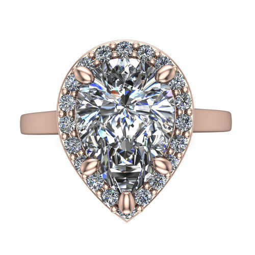 Anastasia pear halo engagement ring in 18K Rose Gold, top-down view showing the brilliant pear-cut center diamond framed by a slim pave halo