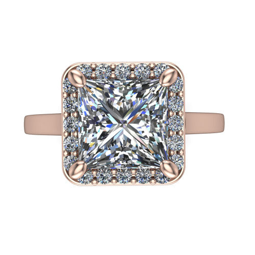 Anastasia princess halo engagement ring in 18K Rose Gold, top-down view showing the brilliant princess-cut center diamond framed by a slim pave halo