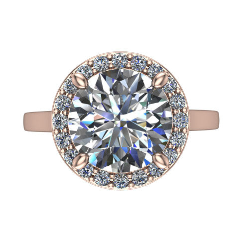Anastasia round halo engagement ring in 14K Rose Gold, top-down view showing the brilliant round center diamond framed by a slim pave halo