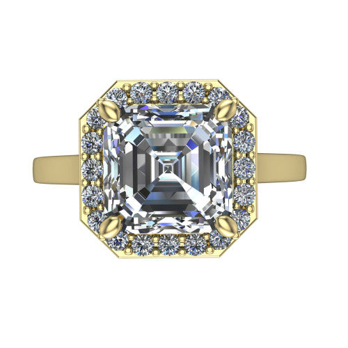 Anastasia square emerald halo engagement ring in 14K Yellow Gold, top-down view showing the step-cut square emerald center diamond framed by a slim pave halo