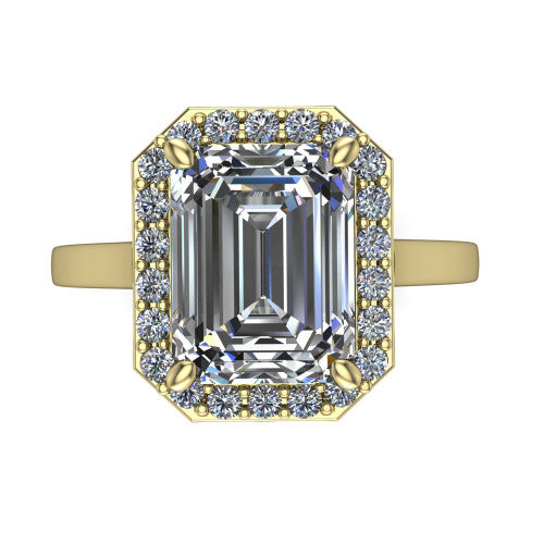 Anastasia emerald halo engagement ring in 18K Yellow Gold, top-down view showing the step-cut emerald center diamond framed by a slim pave halo