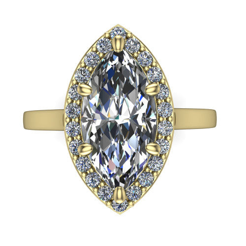 Anastasia marquise halo engagement ring in 18K Yellow Gold, top-down view showing the brilliant marquise center diamond framed by a slim pave halo