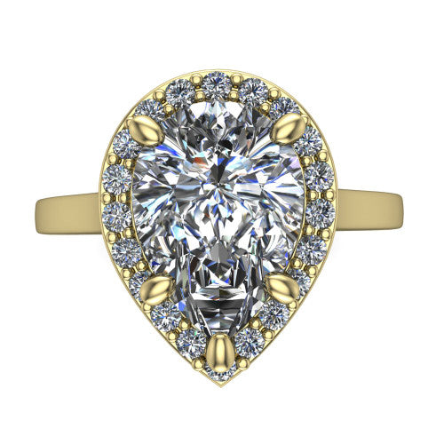 Anastasia pear halo engagement ring in 18K Yellow Gold, top-down view showing the brilliant pear-cut center diamond framed by a slim pave halo