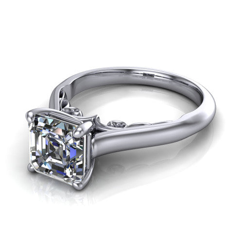 Saylor square emerald solitaire engagement ring in Platinum, three-quarter perspective showing the step-cut square emerald center diamond on a 4-prong cathedral head with filigree gallery