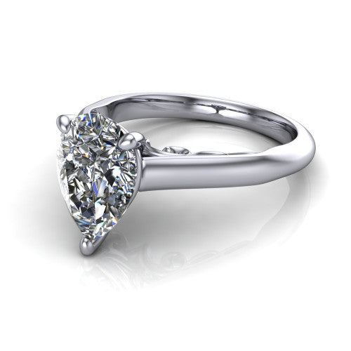 Saylor pear solitaire engagement ring in 14K White Gold, three-quarter perspective showing the brilliant pear-cut center diamond on a 4-prong cathedral head with filigree gallery
