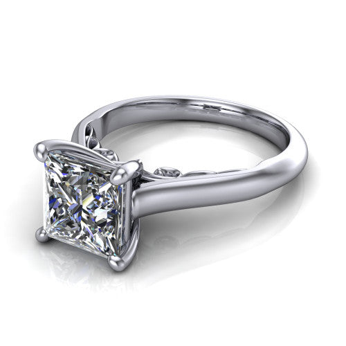 Saylor princess solitaire engagement ring in 18K White Gold, three-quarter perspective showing the brilliant princess-cut center diamond on a 4-prong cathedral head with filigree gallery