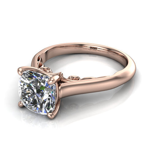 Saylor cushion solitaire engagement ring in 14K Rose Gold, three-quarter perspective showing the brilliant cushion-cut center diamond on a 4-prong cathedral head with filigree gallery