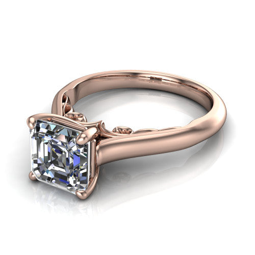 Saylor square emerald solitaire engagement ring in 14K Rose Gold, three-quarter perspective showing the step-cut square emerald center diamond on a 4-prong cathedral head with filigree gallery
