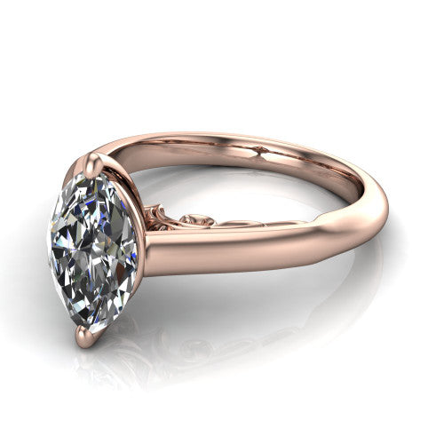 Saylor marquise solitaire engagement ring in 18K Rose Gold, three-quarter perspective showing the brilliant marquise center diamond on a 4-prong cathedral head with filigree gallery