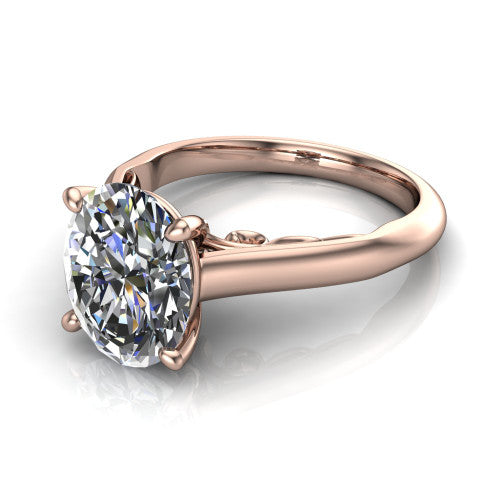 Saylor oval solitaire engagement ring in 14K Rose Gold, three-quarter perspective showing the brilliant oval center diamond on a 4-prong cathedral head with filigree gallery