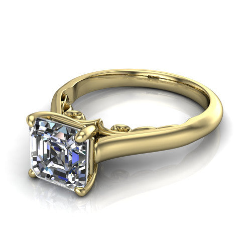 Saylor square emerald solitaire engagement ring in 18K Yellow Gold, three-quarter perspective showing the step-cut square emerald center diamond on a 4-prong cathedral head with filigree gallery