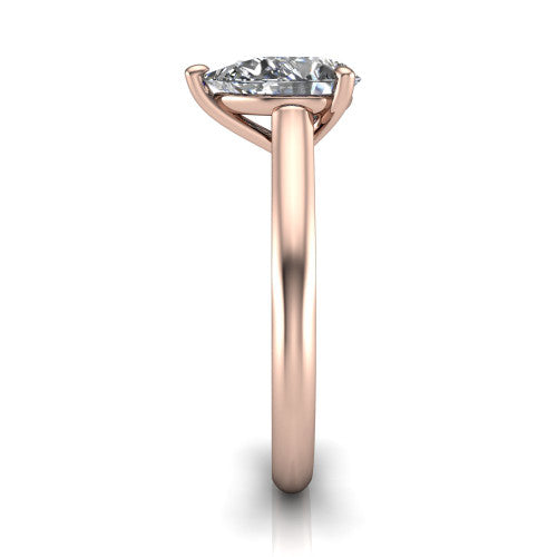 Saylor pear solitaire engagement ring in 18K Rose Gold, side profile showing the cathedral head, filigree gallery scrolls, and tapered polished shank
