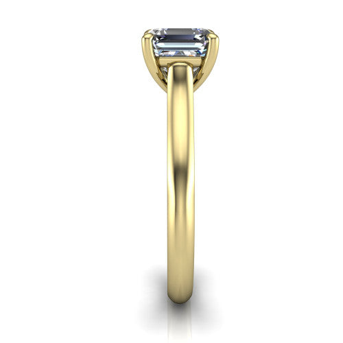 Saylor square emerald solitaire engagement ring in 14K Yellow Gold, side profile showing the cathedral head, filigree gallery scrolls, and tapered polished shank