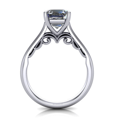 Saylor square emerald solitaire engagement ring in Platinum, through-finger front profile showing the cathedral shoulders and filigree scroll under-gallery