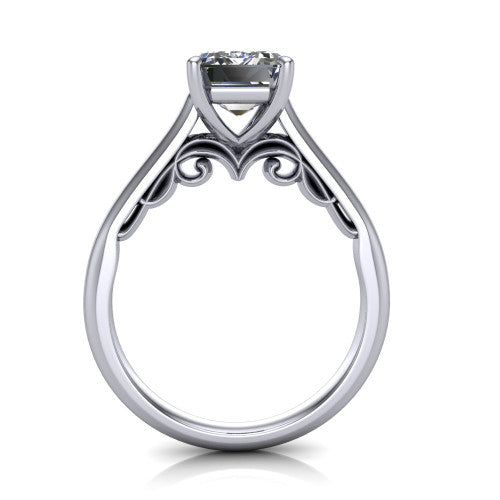 Saylor emerald solitaire engagement ring in Platinum, through-finger front profile showing the cathedral shoulders and filigree scroll under-gallery