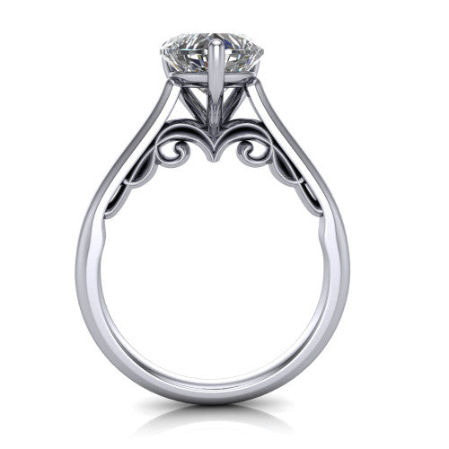 Saylor heart solitaire engagement ring in Platinum, through-finger front profile showing the cathedral shoulders and filigree scroll under-gallery